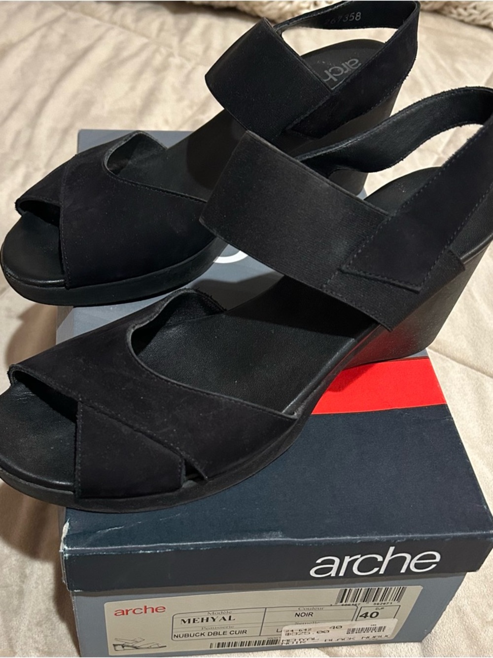 Arche Black Nubuck Wedge Sandals with Slingback
